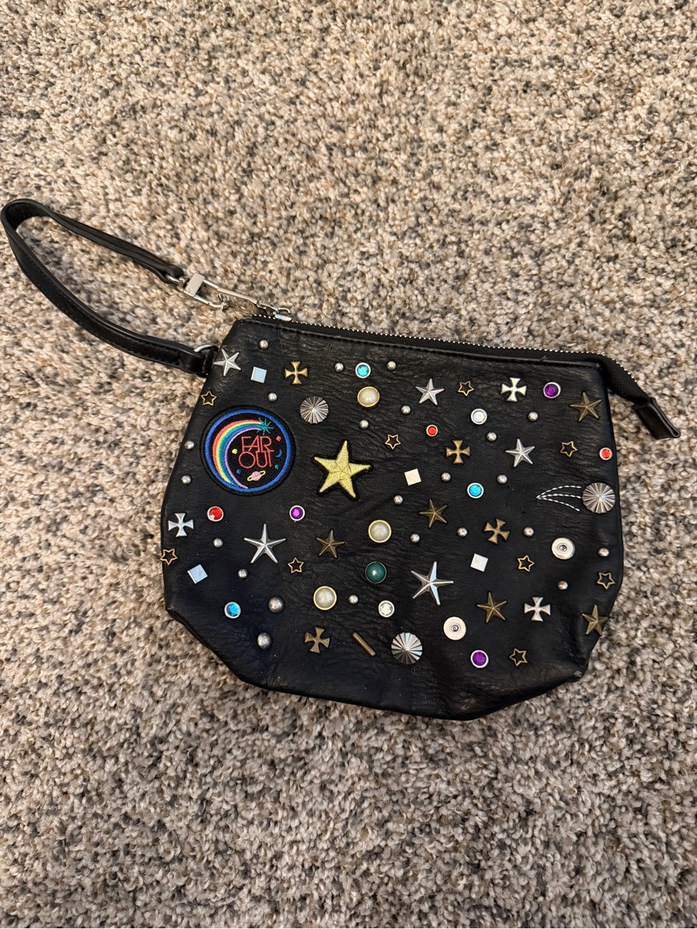 Black Steve Madden Studded Wristlet Pouch with Star & Gem Embellishments